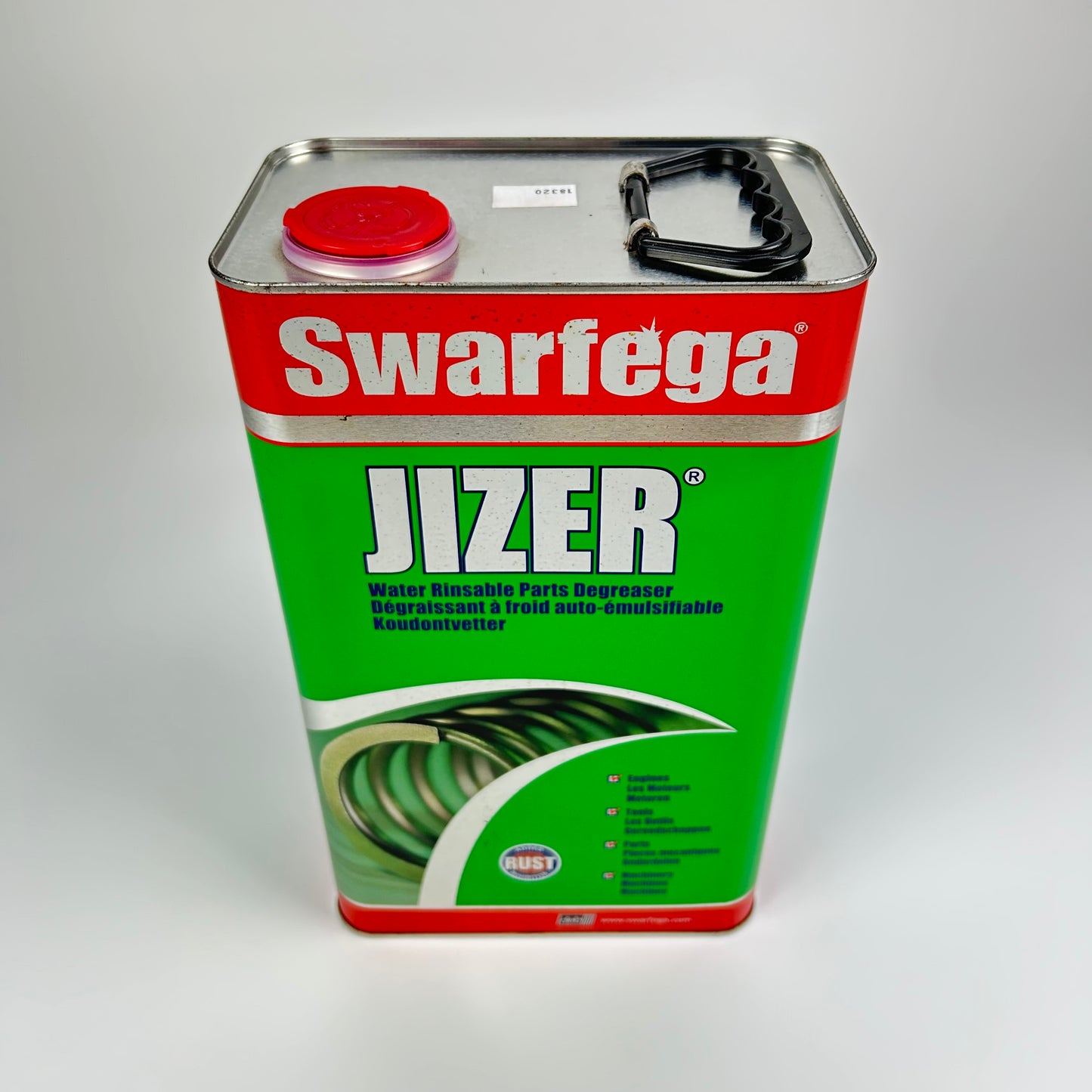 Swarfega Jizer can on a white background