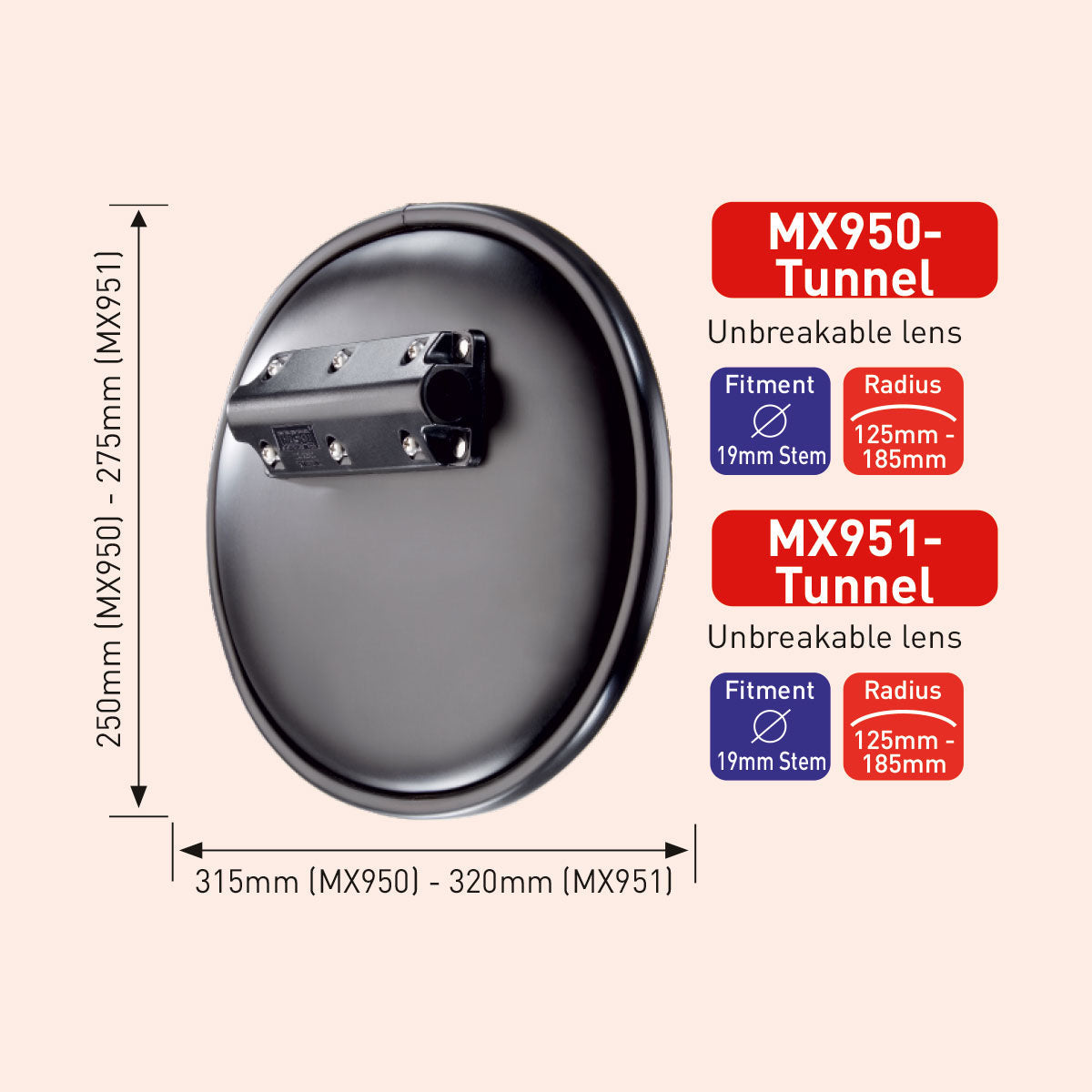 Reflective mirror with dimensions and specifications on a white background