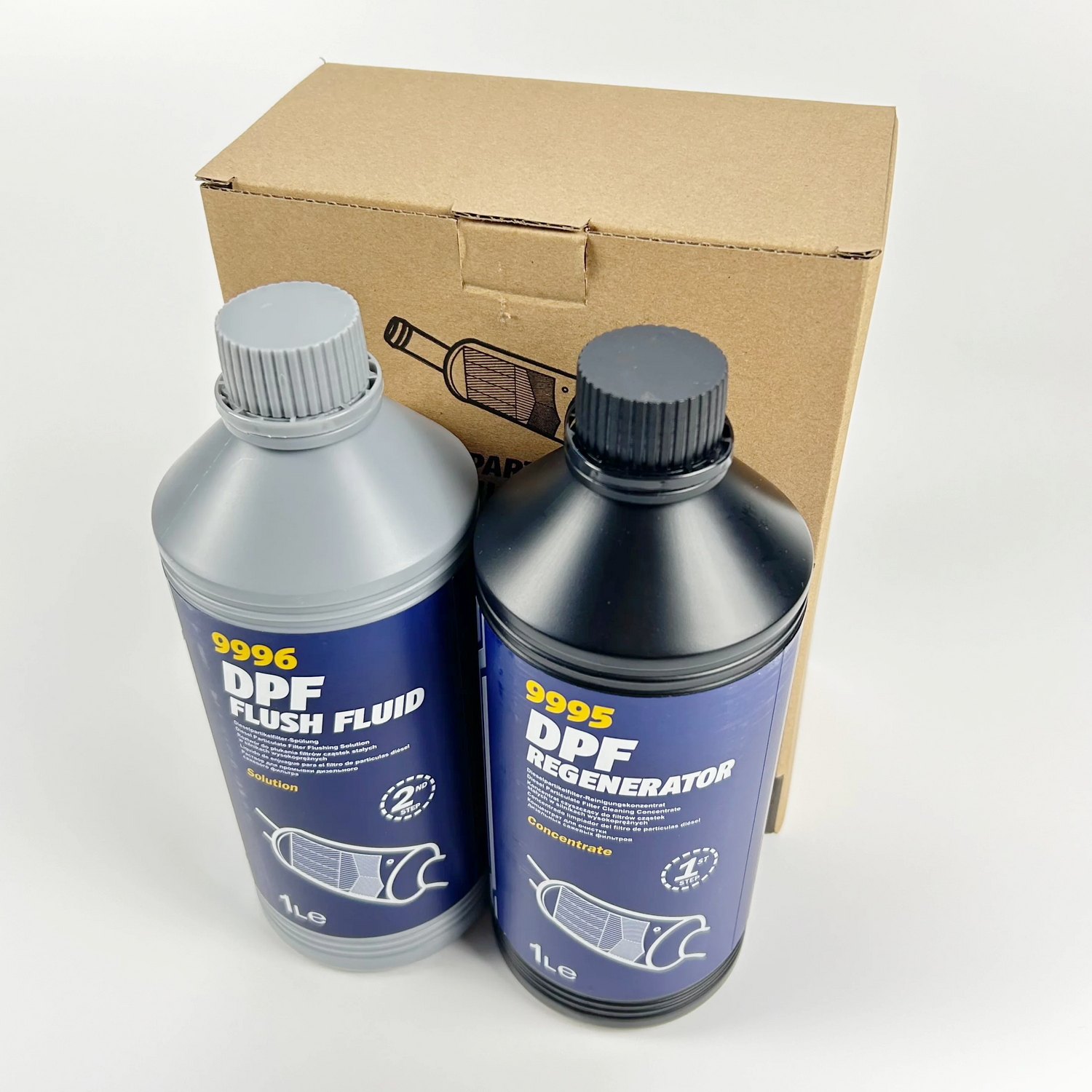 Two bottles of 9996 DPF Flush Fluid and 9995 DPF Regenerator with a cardboard box in the background.