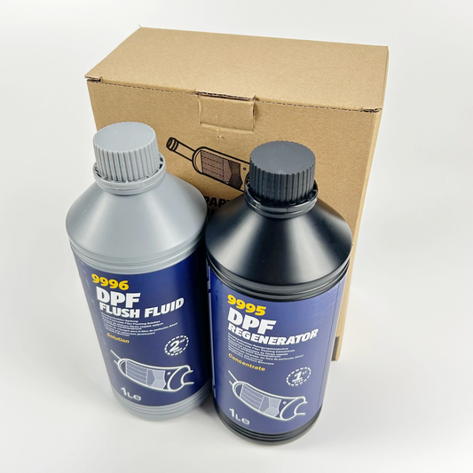 Two bottles of 9996 DPF Flush Fluid and 9995 DPF Regenerator with a cardboard box in the background.