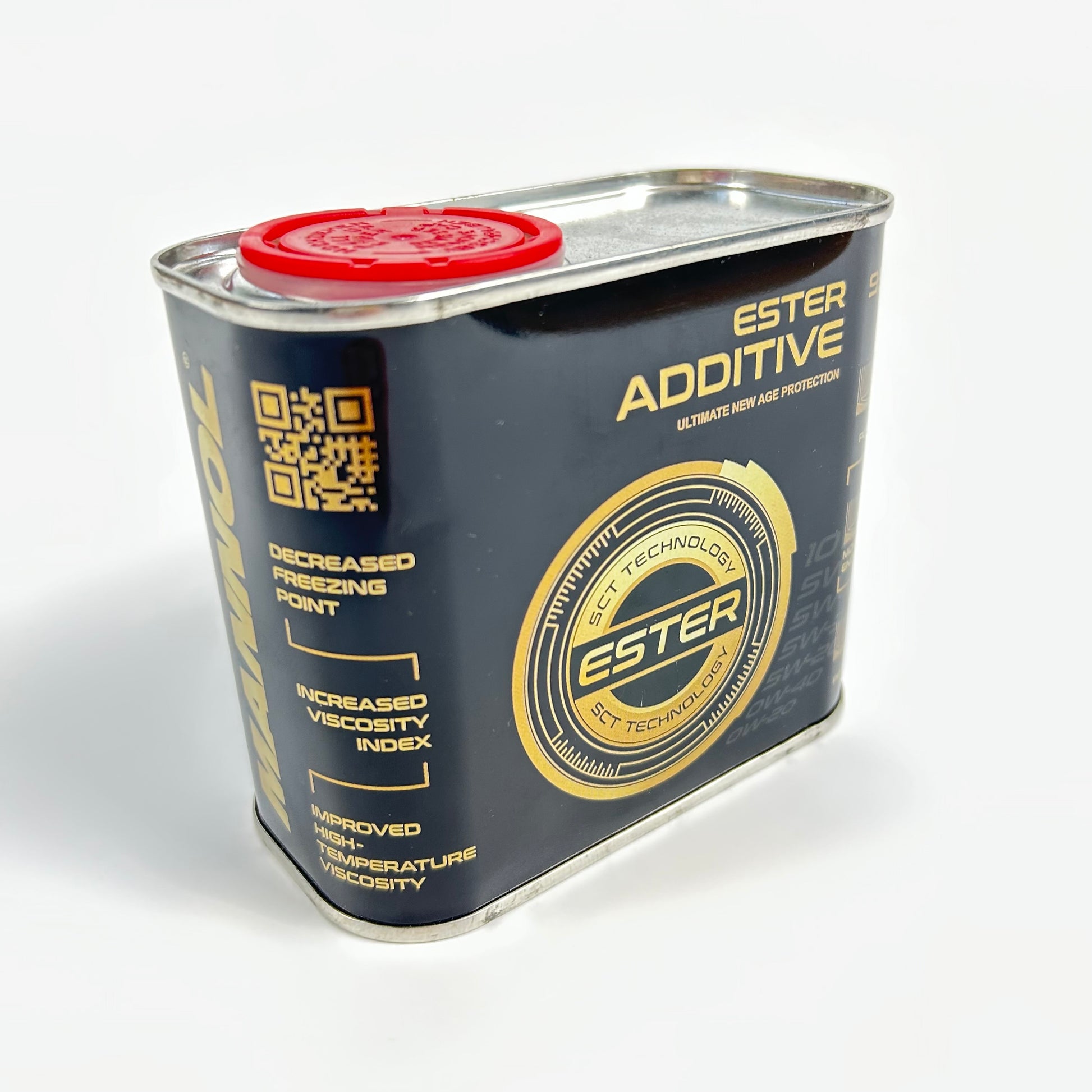 Ester additive can with red lid on a white background