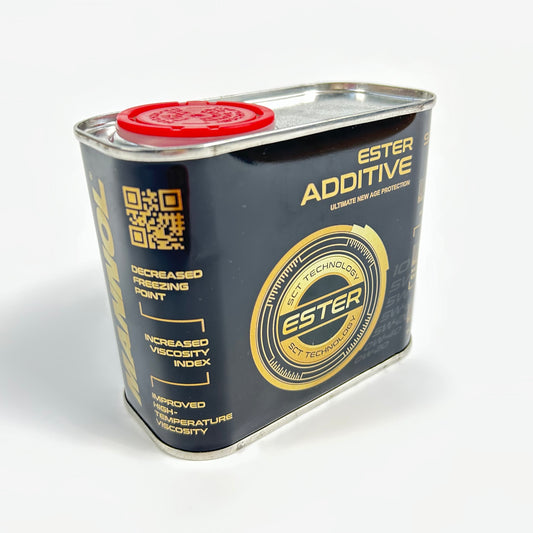 Ester additive can with red lid on a white background