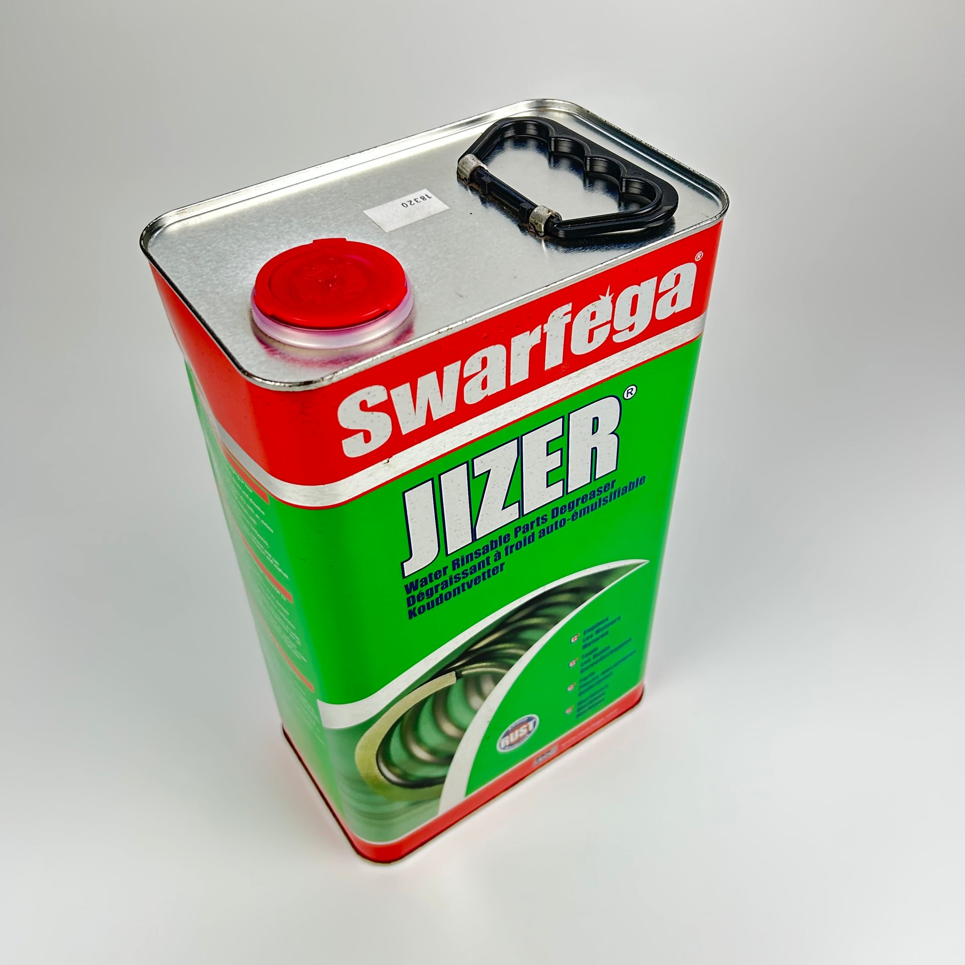 Swarfega Jizer can on a gray background