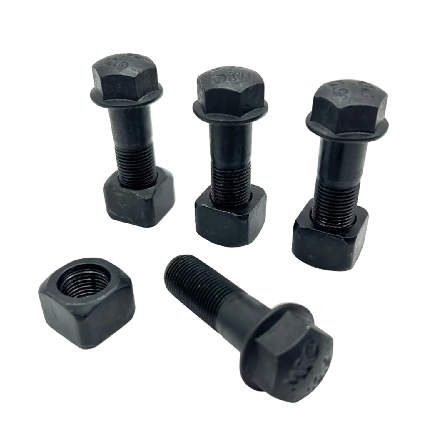 Set of black bolts and nuts on a white background