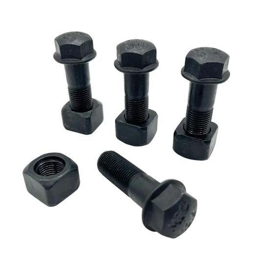 Set of black bolts and nuts on a white background