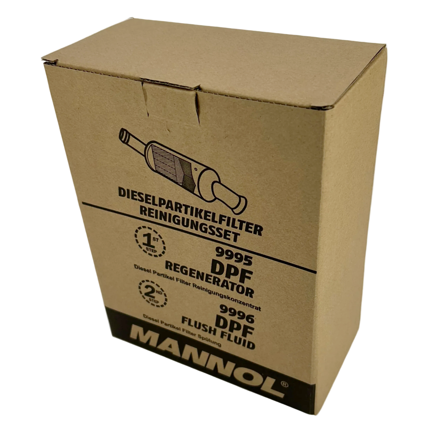 Cardboard box with Mannol branding and automotive product details on a white background