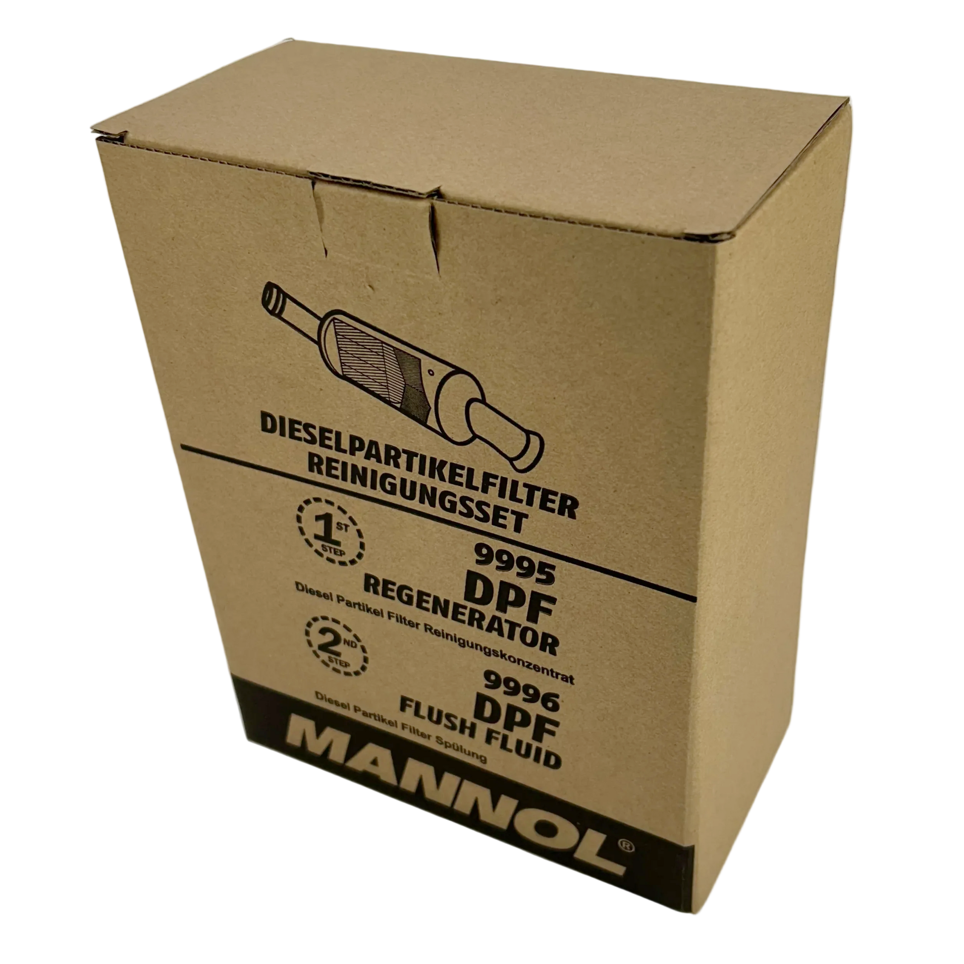 Cardboard box with Mannol branding and automotive product details on a white background