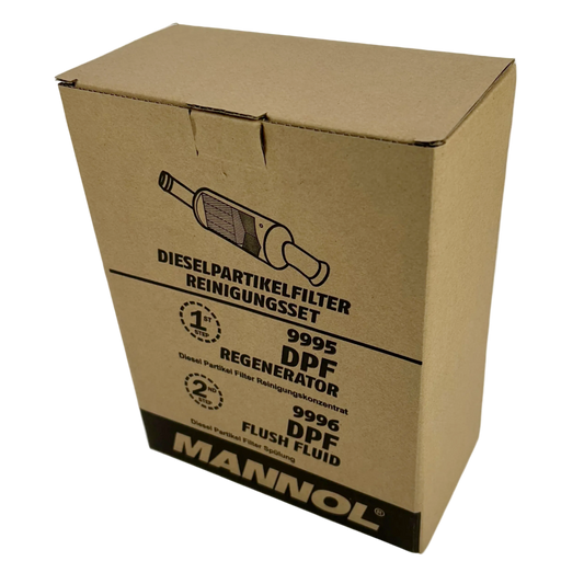 Cardboard box with Mannol branding and automotive product details on a white background