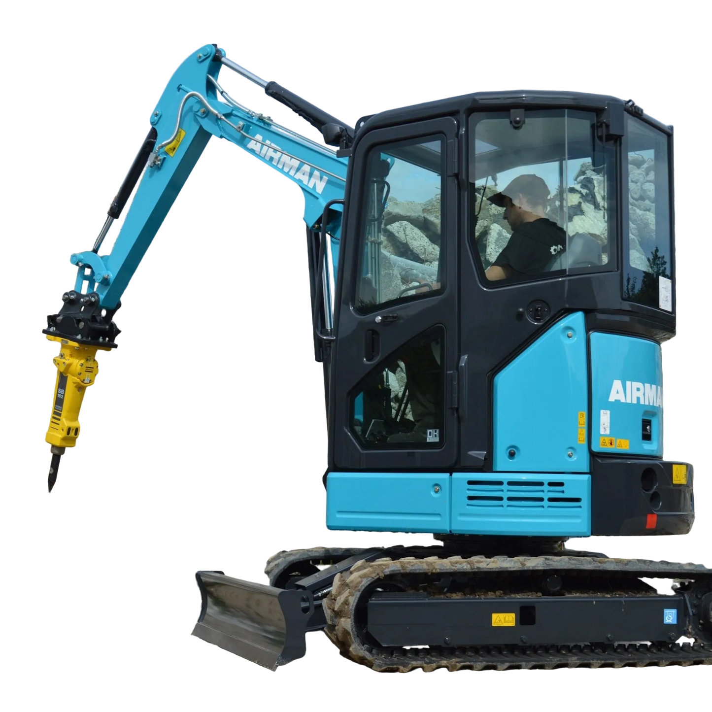 hitachi airman mini excavator with rock breaker attachment. Background removed.