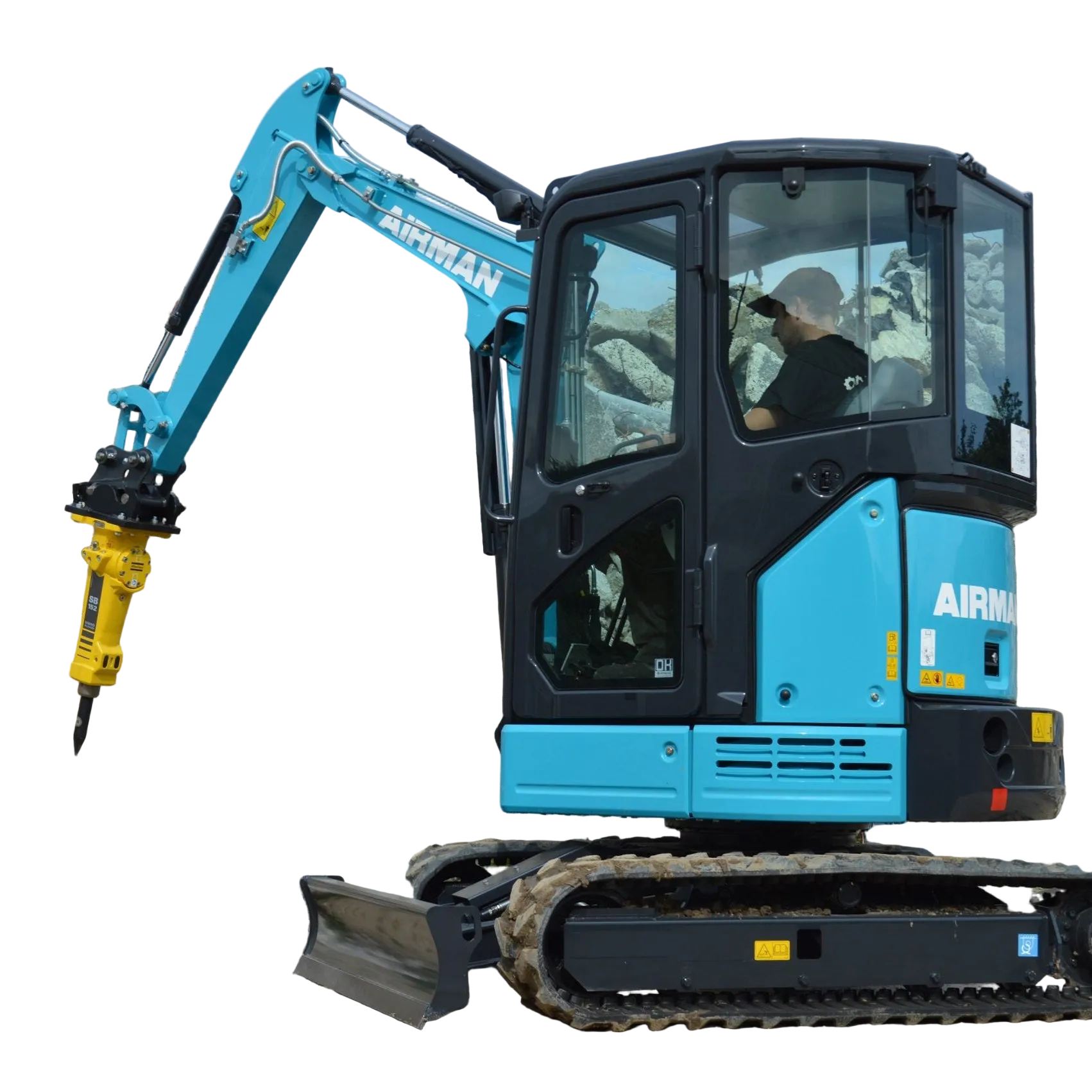 hitachi airman mini excavator with rock breaker attachment. Background removed.