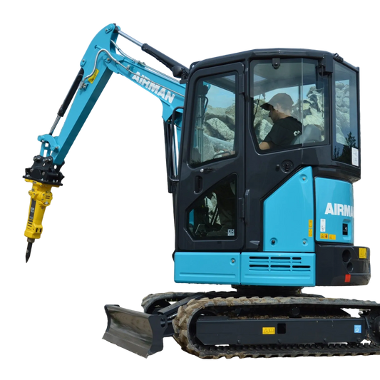 hitachi airman mini excavator with rock breaker attachment. Background removed.