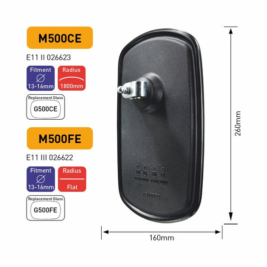 Machine mirror with dimensions and specifications on a white background