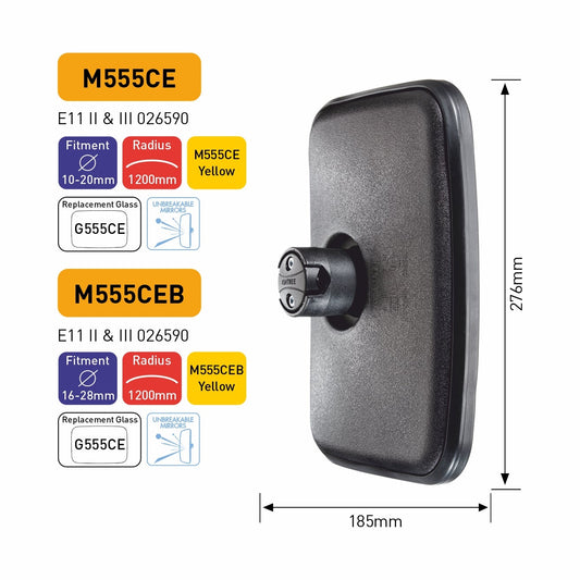 Machinery mirror with specifications and dimensions on a white background
