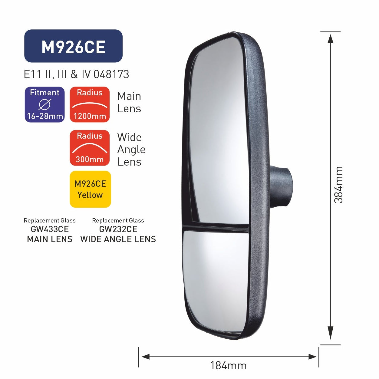 Side view mirror with technical specifications on a white background