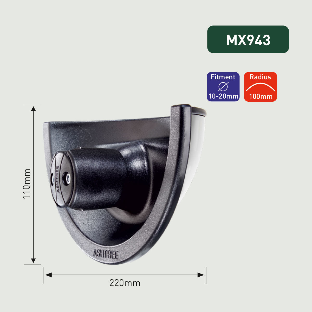 Metal door stopper with dimensions and branding on a light gray background