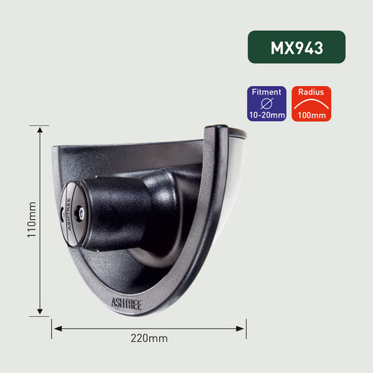 Metal door stopper with dimensions and branding on a light gray background